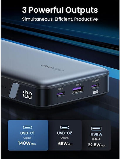 Ugreen PB205 Power Bank 25000mAh 145W με Θύρα USB-A και 2 Θύρες USB-C Power Delivery / Quick Charge 3.0 Γκρι