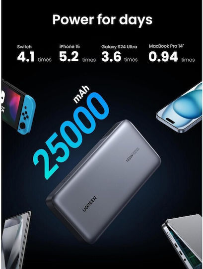 Ugreen PB205 Power Bank 25000mAh 145W με Θύρα USB-A και 2 Θύρες USB-C Power Delivery / Quick Charge 3.0 Γκρι
