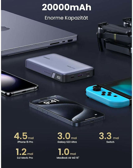 Ugreen PB720 Power Bank 20000mAh 100W με Θύρα USB-A και 2 Θύρες USB-C Power Delivery / Quick Charge 2.0 / Quick Charge 3.0 Γκρι