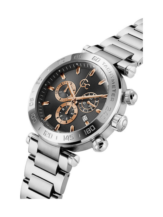 GC Watches Ανδρικό Ρολόι 44mm Χρονογράφος Μπαταρίας με Ασημί Μεταλλικό Μπρασελέ