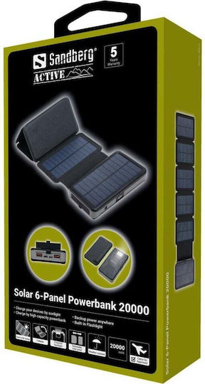 Sandberg Solar 6 Panel Ηλιακό Power Bank 20000mAh 7.5W με 2 Θύρες USB-A και Θύρα USB-C Μαύρο