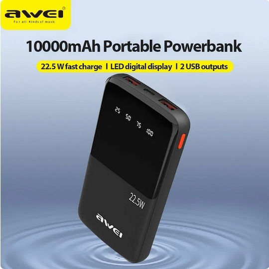 Awei P10K Power Bank 10000mAh 22.5W with 2 USB-A Ports and USB-C Port Black