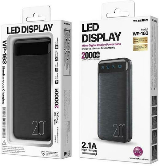 WK WP-163 Power Bank 20000mAh с 2 USB-A порта Черен