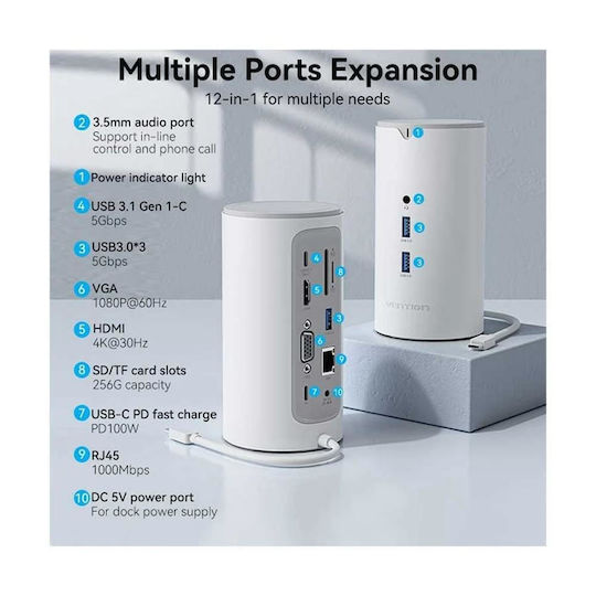 Vention Docking Station USB-C Docking Station with HDMI 4K PD Ethernet and Support for 2 Monitors White