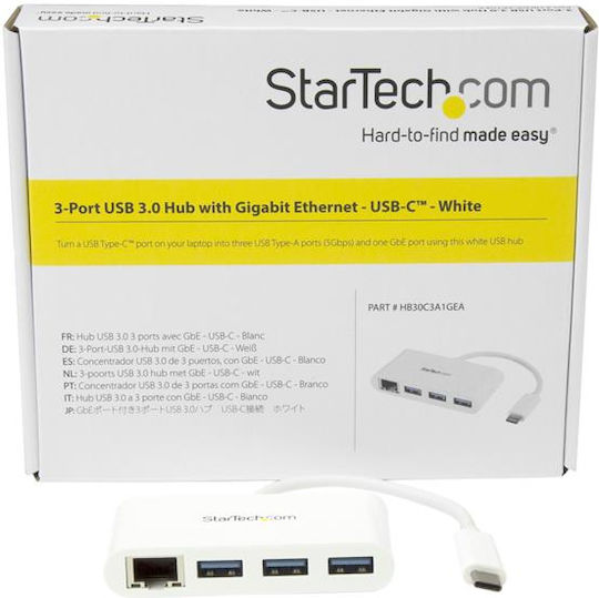 StarTech USB Хъб с 4 Порта USB 3.0 с USB-C Интерфейс и Ethernet в Бял Цвят