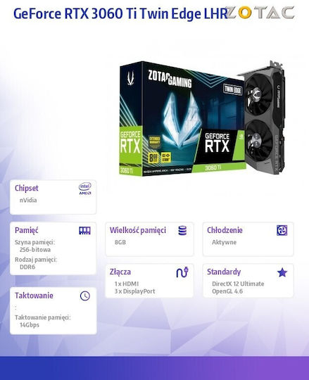 Zotac GeForce RTX 3060 Ti 8GB GDDR6 Twin Edge LHR Placă Zotac GeForce RTX 3060 Ti 8GB GDDR6 Twin Edge LHR Placă