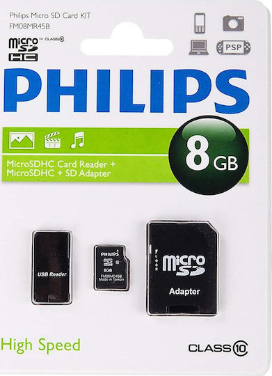 Philips microSDHC 8GB Class 10 High Speed με αντάπτορα