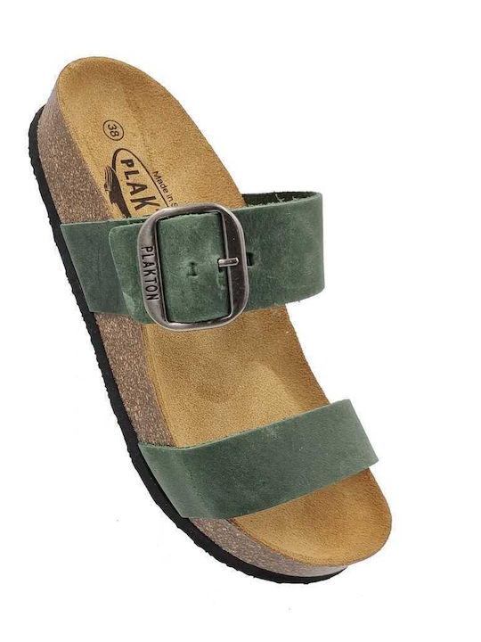 Leather Women's Flat Sandals Anatomic Flatforms in Green Color