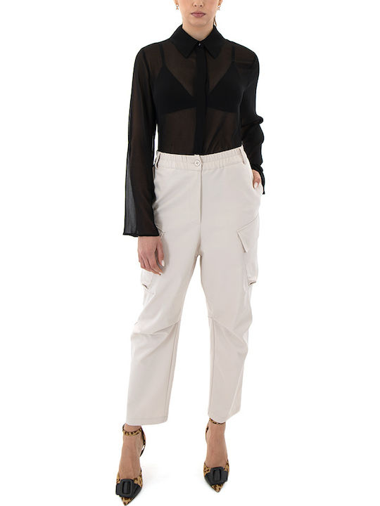 Women's High-waisted Fabric Cargo Trousers Ecru