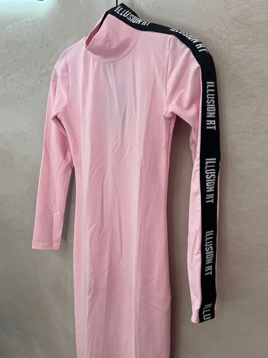 Rochie Midi cu Guler Înalt Roz