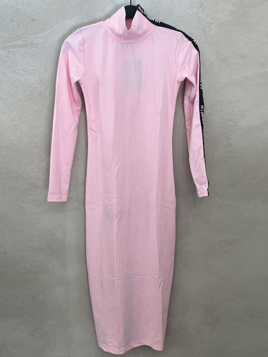 Rochie Midi cu Guler Înalt Roz