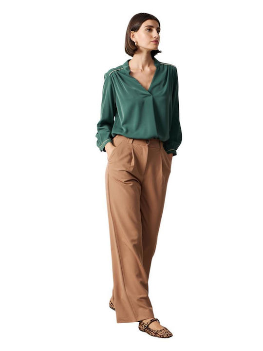 Passager Women's High-waisted Fabric Trousers with Elastic Brown Camel