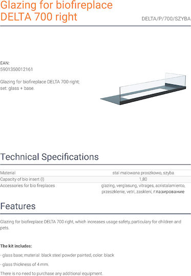 Kratki Delta/P/700/Szyba Protective Glass for BioethaNol Fireplace