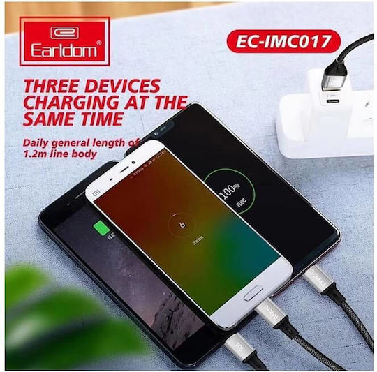 Earldom Imc017 Braided USB to micro USB / Type-C / Lightning 1m Cable Gray (EC-IMC017)