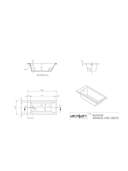 Acrilan Minimal Line Μπανιέρα Ακρυλική 150x70cm
