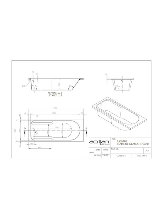 Acrilan Line Cadă de baie Acrilic 170x70cm