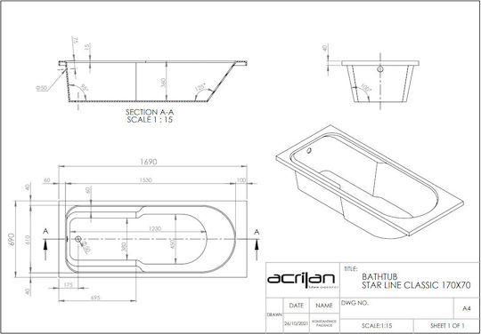 Acrilan Line Μπανιέρα Ακρυλική 170x70cm