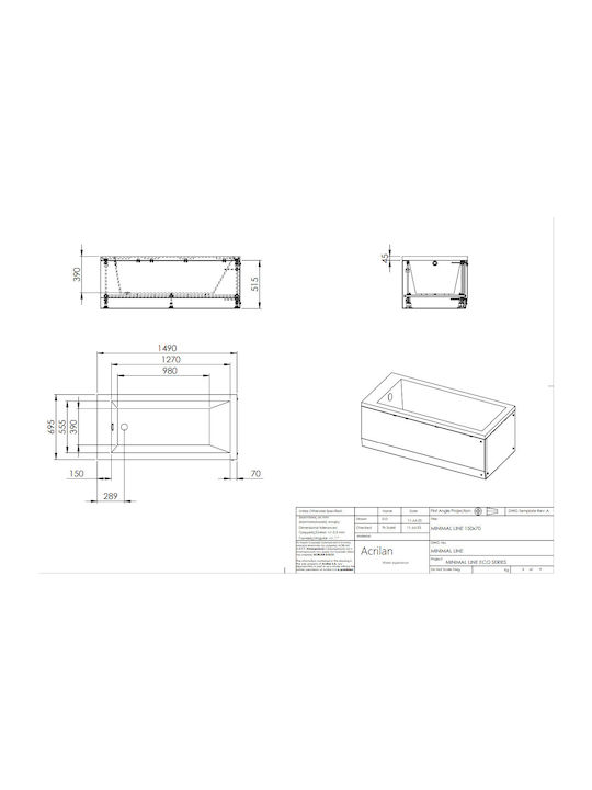 Acrilan Minimal Line Μπανιέρα Ακρυλική 150x70cm