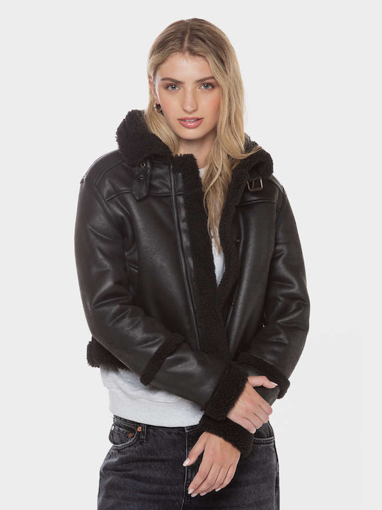 Superdry Faux Shearling Leather Jacket Biker Leather Black