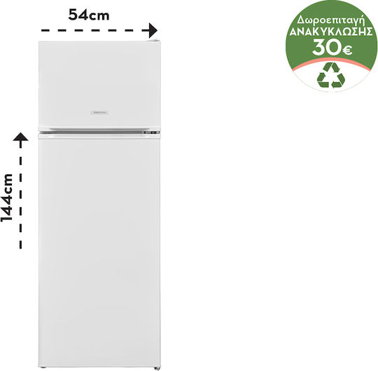United Kühlschrank mit Doppeltür 212Es H144xB54xT57cm. Weiß UND1454R