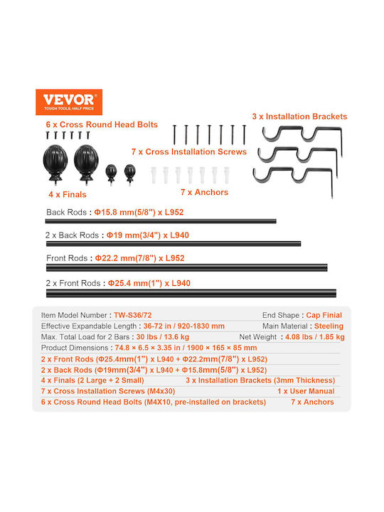 Vevor Extendable Metallic Curtain Pole Single 92-183cm Black