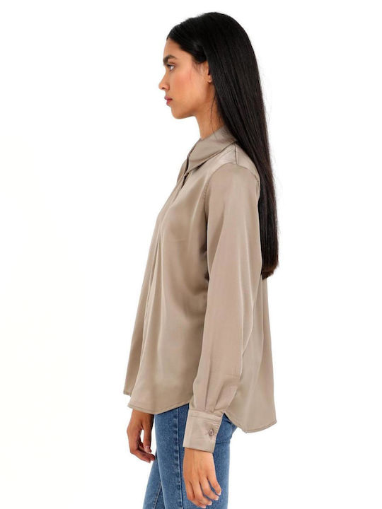 Doca Women's Satin Long Sleeve Shirt Beige