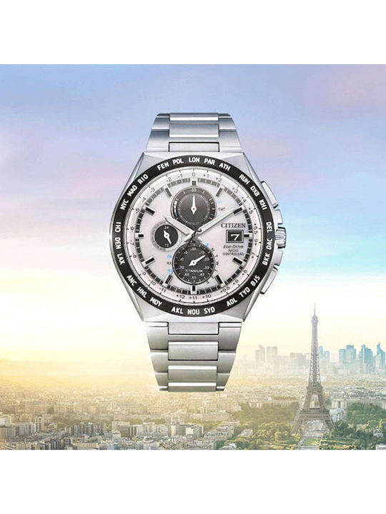 Citizen Eco-drive Radiocontrolled Ανδρικό Ρολόι Χρονογράφος Eco - Drive με Ασημί Μεταλλικό Μπρασελέ