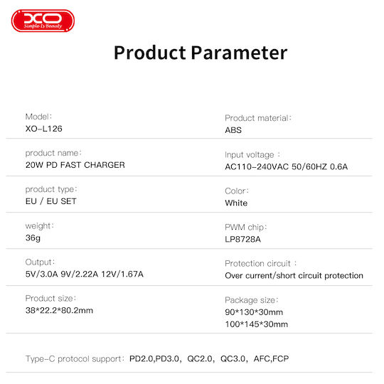 XO Încărcător Fără Cablu cu Port USB-C 20W Quick Charge 2.0 Albς (L126)