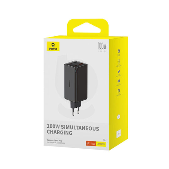Baseus Φορτιστής GaN με 2 Θύρες USB-A και 2 Θύρες USB-C και Καλώδιο USB-C - USB-C 100W Power Delivery Μαύρος (P10162705112-00)