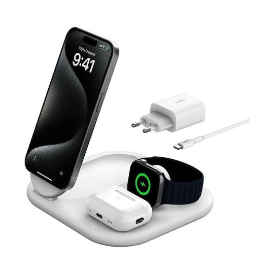 Belkin Wireless Charger Qi2 15W Whites (BoostCharge 3-in-1 Magnetic Foldable Qi2)