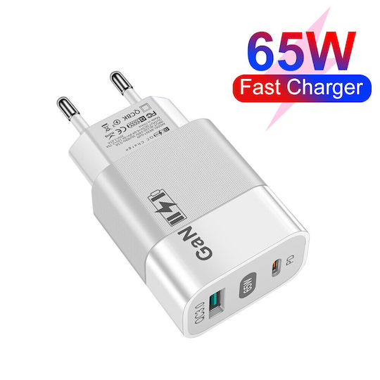 Techsuit Ladegerät ohne Kabel mit USB-A Anschluss und USB-C Anschluss 65W Stromlieferung / Schnellaufladung 3.0 Weißs (CHPD131)