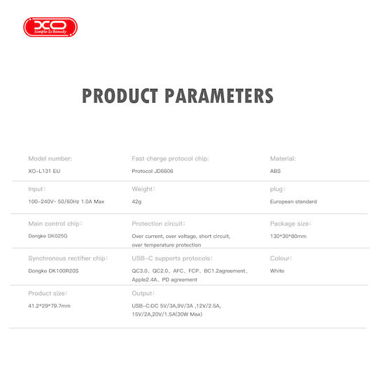 XO Φορτιστής Χωρίς Καλώδιο με Θύρα USB-C 30W Power Delivery Λευκός (L131)