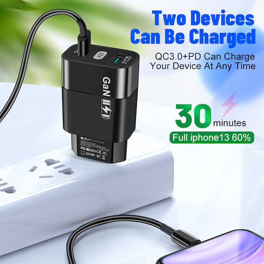 Techsuit Charger Without Cable GaN with USB-A Port and USB-C Port 65W Blacks (BK397)