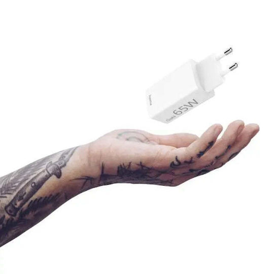 HAMA Зарядно без кабел GaN (Галуниев нитрид) с USB-A порт и USB-C порт 65W Доставка на енергия Бял (00201643)