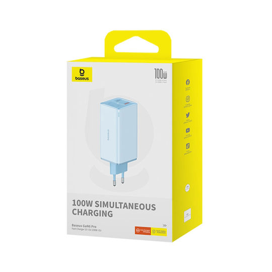 Baseus Ladegerät GaN mit 2 USB-A Anschlüsse und 2 USB-C Anschlüsse und Kabel USB-C - USB-C 100W Blau (Wall Charger Gan6 Pro)