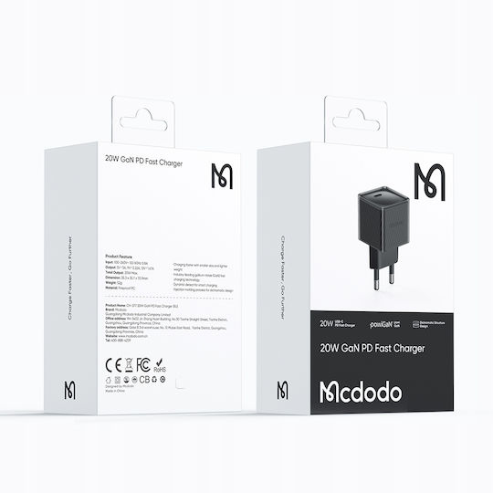 Mcdodo GaN Wireless Charger with USB-C Port 20W Power Delivery Black