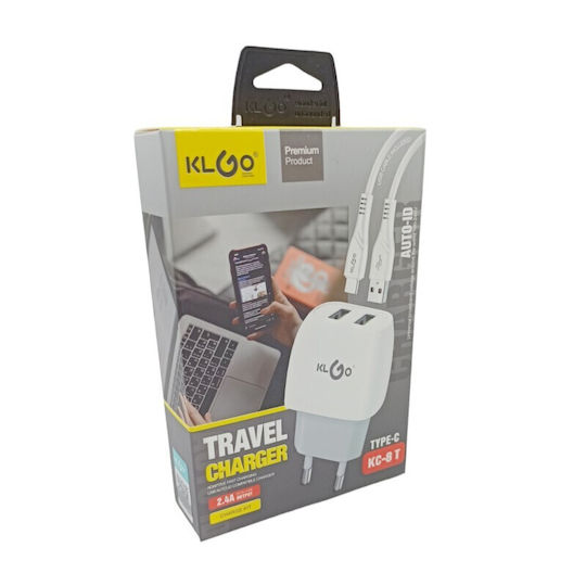 KLGO Charger with 2 USB-A Ports and Cable USB-C Whites (KC-8T)