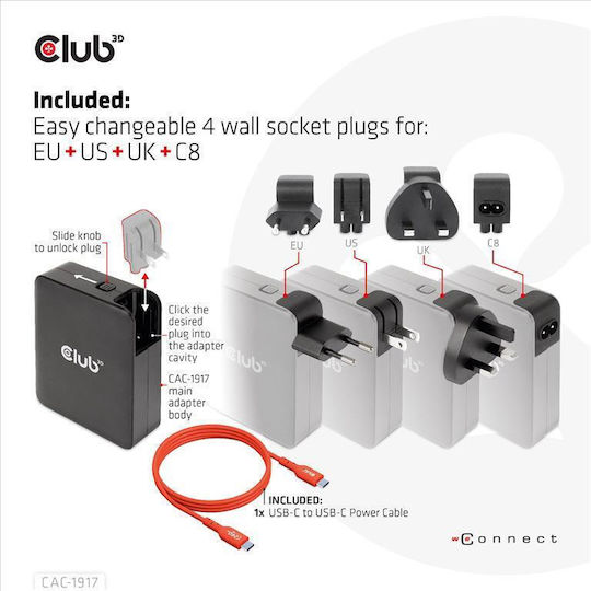 Club3D Wireless GaN Charger With USB-A Port And 3 USB-C Ports 140W Power Delivery Black (CAC-1917)