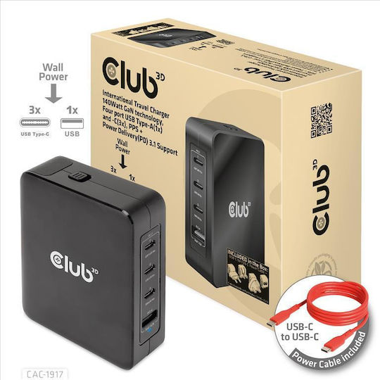 Club3D Wireless GaN Charger With USB-A Port And 3 USB-C Ports 140W Power Delivery Black (CAC-1917)