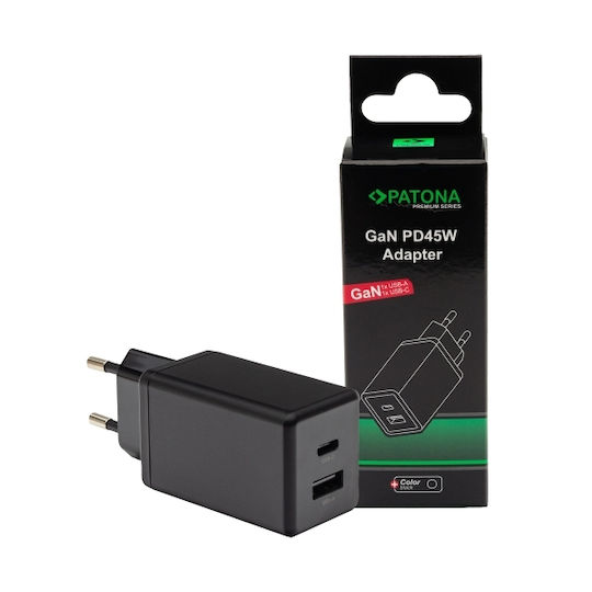 Patona Charger Without Cable with USB-A Port and USB-C Port 45W Power Delivery Blacks (IM1293)