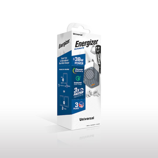 Energizer Φορτιστής Χωρίς Καλώδιο GaN με Θύρα USB-A και Θύρα USB-C 38W Power Delivery / Quick Charge 3.0 Ασημί (A38QMU)