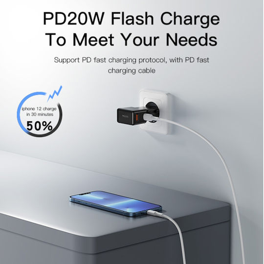 Yesido Încărcător Fără Cablu cu Port USB-A și Port USB-C 20W Negruς (Mc17)