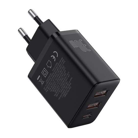 Baseus Wireless Charger GaN With 2 USB-A Output Ports And USB-C Output Port 30W Power Delivery Black Wall Charger Cube