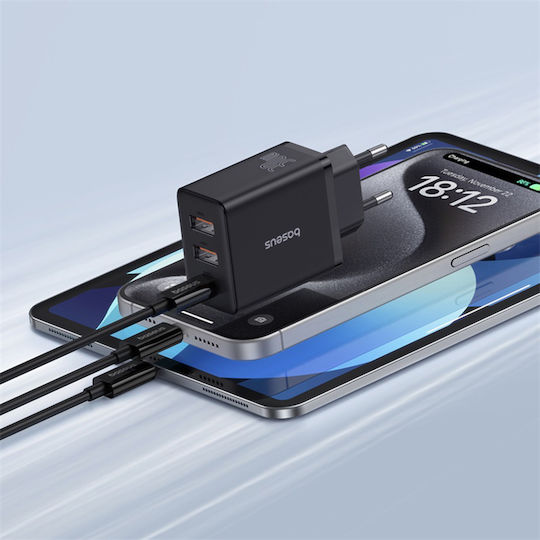 Baseus Wireless Charger GaN With 2 USB-A Output Ports And USB-C Output Port 30W Power Delivery Black Wall Charger Cube