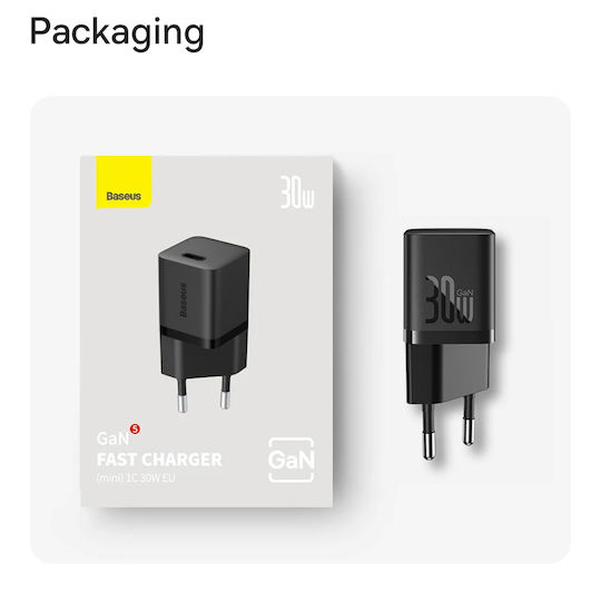 Baseus GaN с USB-C порт и кабел USB-C - USB-C 30W Cluster Black (Gan5)