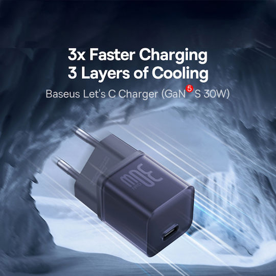 Baseus Зарядно без кабел с USB-C порт 30W Лилав (GaN5S)