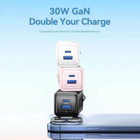 Vention Charger Without Cable GaN with USB-A Port and USB-C Port 30W Power Delivery / Quick Charge 3.0 Blue (FEQL0-EU)