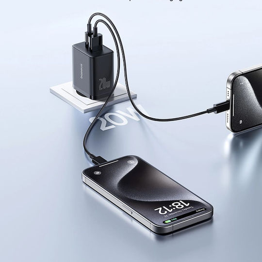 Baseus Ladegerät ohne Kabel GaN mit USB-A Anschluss und USB-C Anschluss 20W Stromlieferung Schwarzs (Cube)