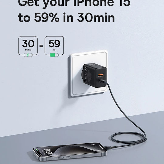 Baseus Ladegerät ohne Kabel GaN mit USB-A Anschluss und USB-C Anschluss 20W Stromlieferung Schwarzs (Cube)
