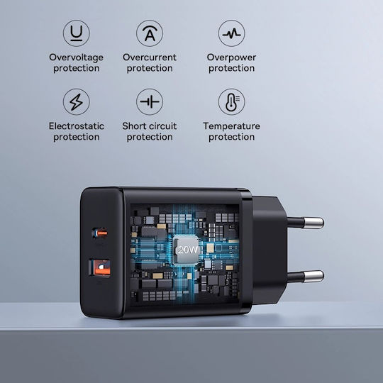 Baseus Ladegerät ohne Kabel mit USB-A Anschluss und USB-C Anschluss 20W Stromlieferung Weißs (Cube)